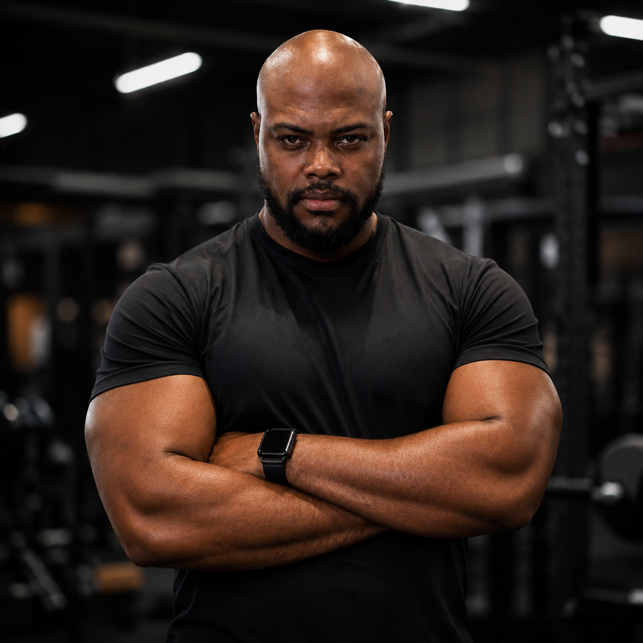 Personal trainer de braços cruzados em academia